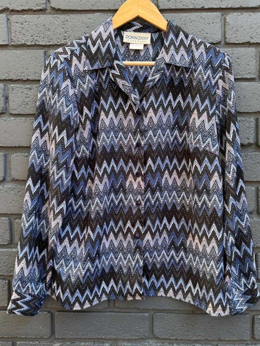 VTG Donnkenny Classics Artsy Zig Zag Geo Print Button Blouse S Cottage Oversize